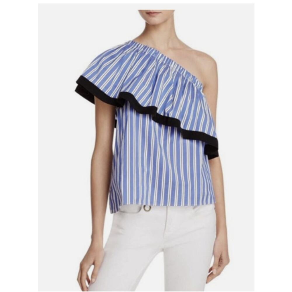 MILLY Top Blouse Striped One Shoulder Ruffle Top Size Small